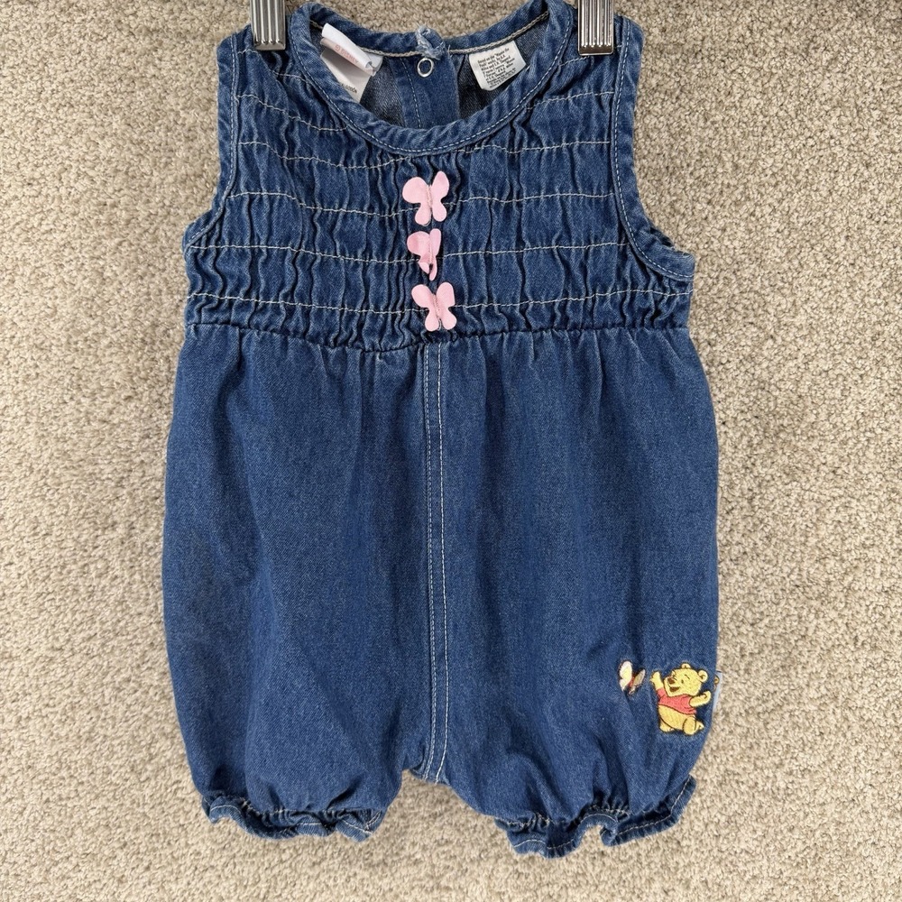 VTG Y2K Disney Winnie The Pooh Bubble Romper 3/6mo Embroidered Ruffle Denim Baby
